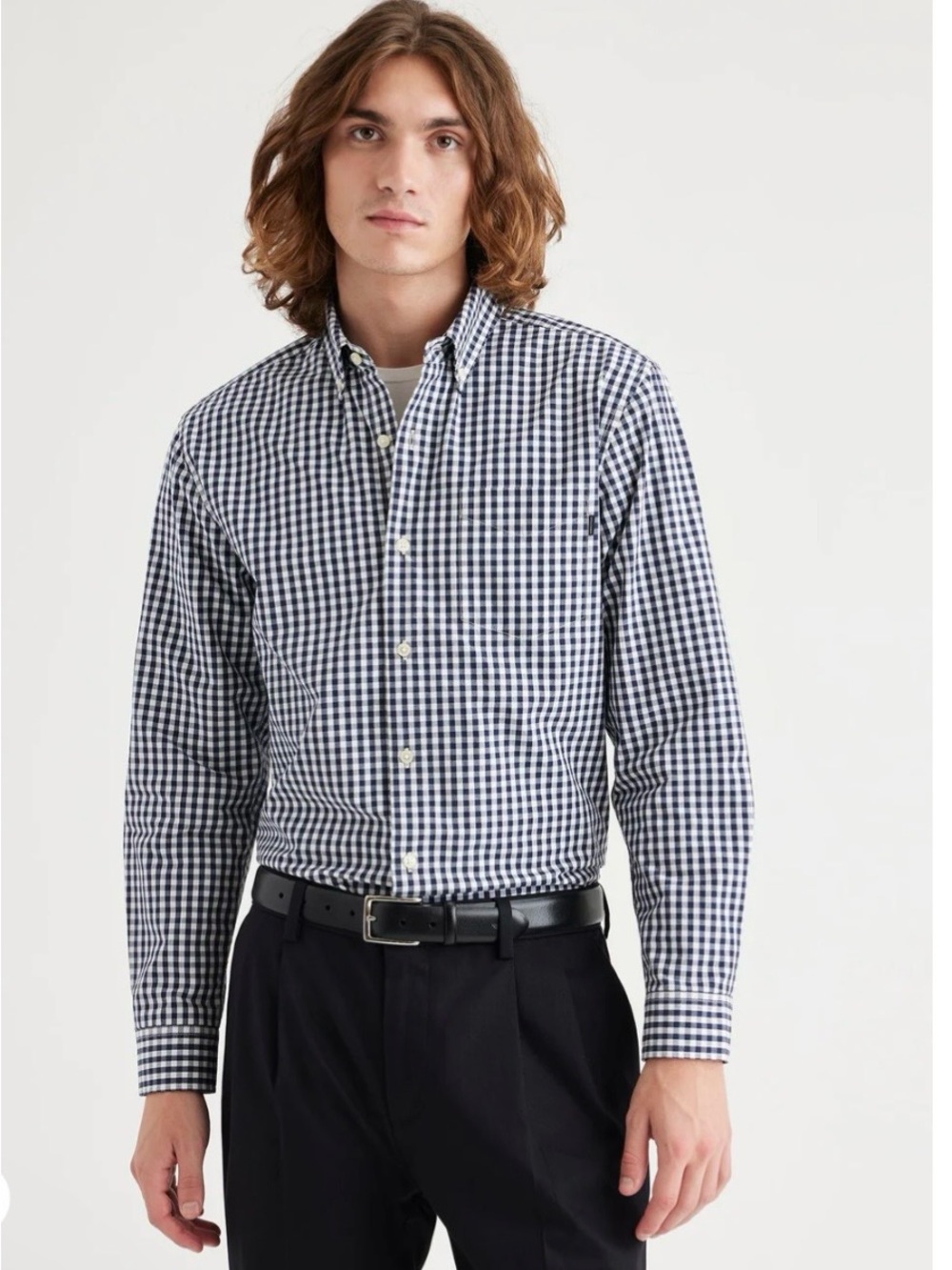 Dockers Men's Large Navy and White Gingham Button-Down Shirt NWT